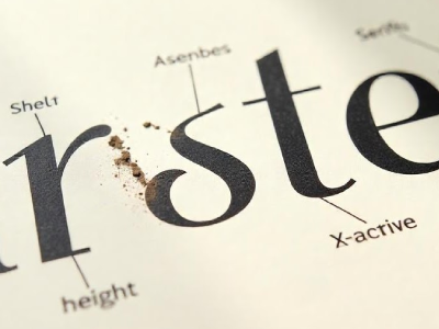 Macro photography of typography letters with technical labels like height and x-active for anatomy of typeface