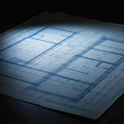 A professional architectural blueprint photograph demonstrating building design through detailed floor plans and structural technical drawings