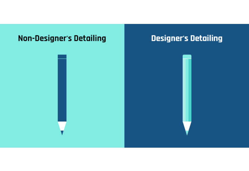 A professional graphic comparison illustrating attention to detail by contrasting simple and refined pencil design illustrations