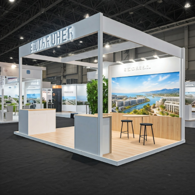 A professional minimalist exhibition booth design featuring clean white structures and a high-quality landscape display panel