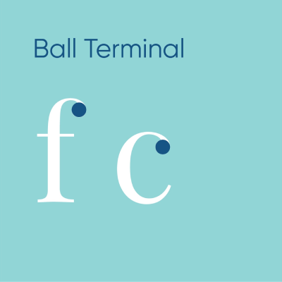 A professional typography diagram illustrating the ball terminal anatomy of a typeface using the letters f and c