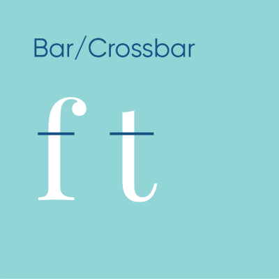 A professional typography diagram illustrating the bar and crossbar anatomy of a typeface using letters f and t