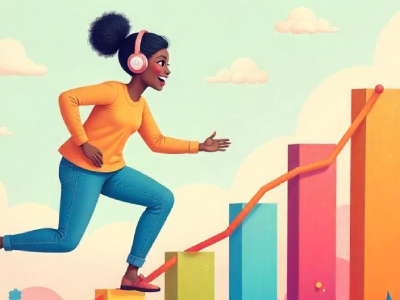 A woman wearing headphones running up a rising bar chart representing the successful career graph of a UI UX designer