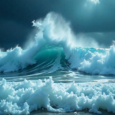 A professional photography of a powerful ocean wave crashing with dynamic curved lines as a design element