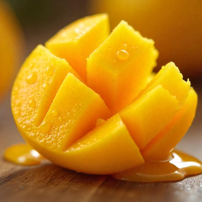 A professional photography of a sliced mango with juice droplets showcasing organic curved lines in design