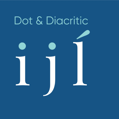 A professional typography diagram illustrating the dot and diacritic anatomy of a typeface using letters i and j