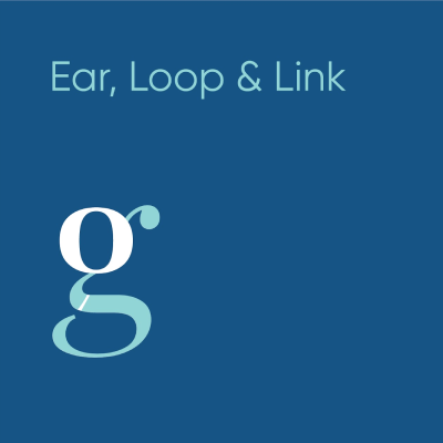 A professional typography diagram illustrating the ear, loop, and link anatomy of a typeface using the letter g