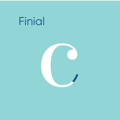 A professional typography diagram illustrating the finial anatomy of a typeface using the uppercase letter C