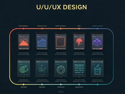 Infographic showing evolution of UI UX design with neon tablet interfaces on dark background for web history