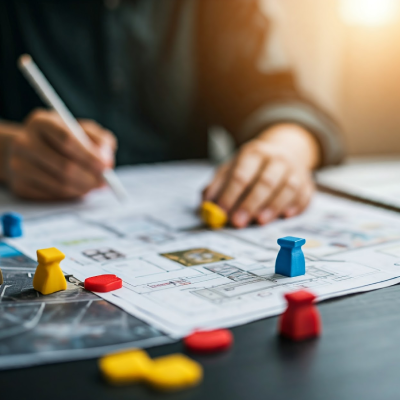 A professional photograph illustrating game design through a developer using a gamepad to test an immersive environment