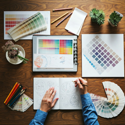 A professional photograph illustrating graphic design through a creative workspace with color palettes, sketches, and design tools