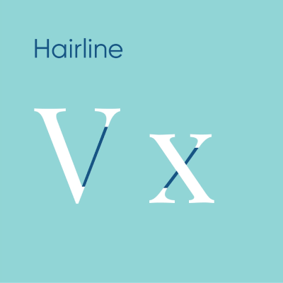 A professional typography diagram illustrating the hairline anatomy of a typeface using the letters V and x