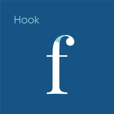 A professional typography diagram illustrating the hook anatomy of a typeface using the lowercase letter f