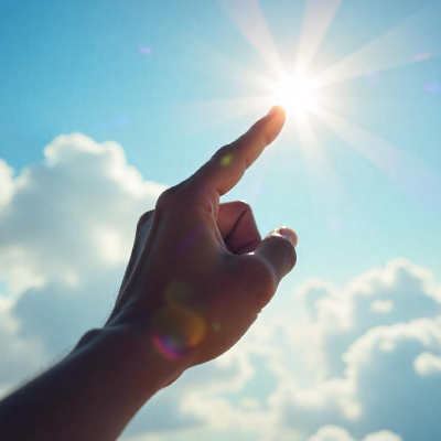 A professional photograph illustrating implied lines as a design element created by a finger pointing toward the sun