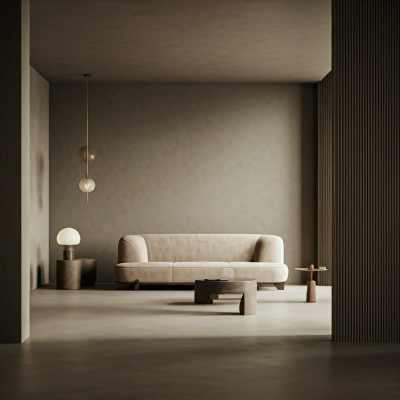 A professional photograph illustrating interior design through a minimalist living room with a beige sofa and lighting