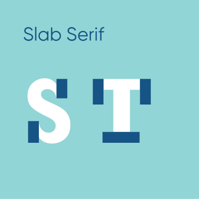 A professional typography diagram illustrating the slab serif anatomy of a typeface using the letters S and T