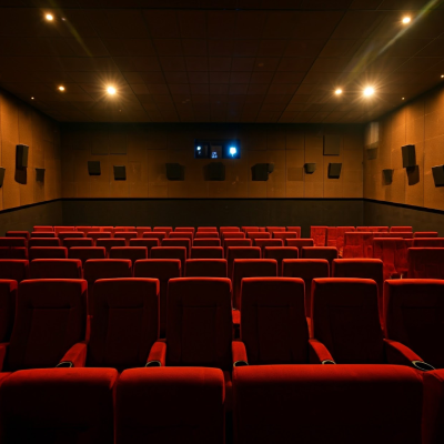 A professional interior photograph of a cinema theater demonstrating sound reinforcement through strategically placed acoustic wall speakers