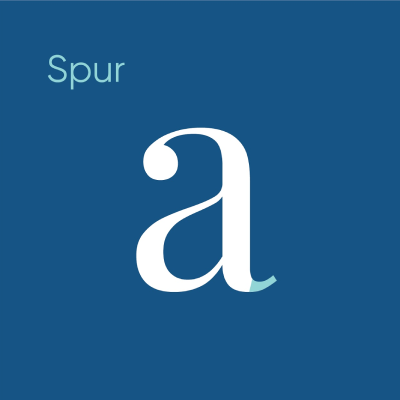 A professional typography diagram illustrating the spur anatomy of a typeface using the lowercase letter a