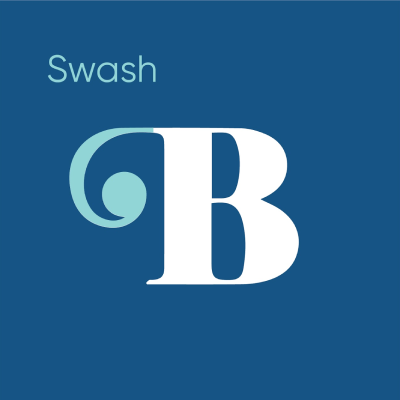 A professional typography diagram illustrating the swash anatomy of a typeface using the uppercase letter B