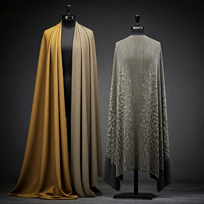 A professional studio photography of elegant draped fabrics on mannequins showcasing intricate patterns and textile design elements