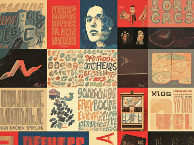 Grid of diverse graphic design styles featuring typography, illustrations, and portraits for a types of design guide