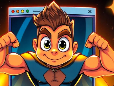 Cartoon superhero character flexing muscles emerging from a browser window representing a strong UI UX design portfolio