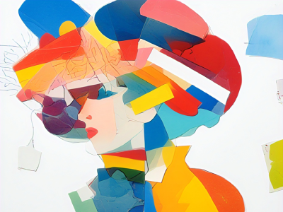Abstract collage portrait of a woman composed of vibrant, overlapping geometric shapes in primary design colors