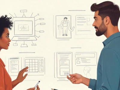 Two professionals discussing hand-drawn website sketches on a whiteboard to explain why everyone should learn design