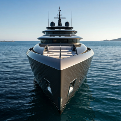 A professional photograph illustrating yacht design through a luxury white motorboat cruising on calm blue ocean waters