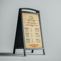 A professional free A-stand mockup featuring a vintage bistro menu board for restaurant outdoor advertising display