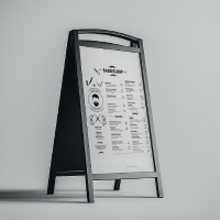 A professional sidewalk A-stand mockup display featuring a barbershop price list menu for outdoor retail advertising