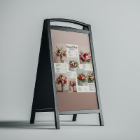 A professional free A-stand mockup featuring a catering menu display board for restaurant sidewalk marketing advertisements