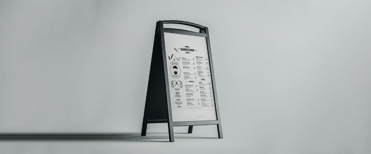 A professional black metal A-frame sidewalk sign mockup freebie