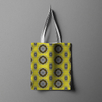 A professional hanging yellow cloth tote bag mockup featuring a repeating circular geometric pattern for eco-friendly branding