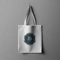 A professional hanging white cotton tote bag mockup featuring a custom circular emblem logo for eco-friendly branding