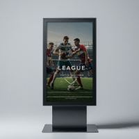 A professional digital standee mockup display featuring a soccer league promotional advertisement for vertical sports signage branding
