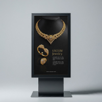 A professional outdoor digital standee mockup display featuring a luxury jewelry advertisement for high-end retail brand promotion