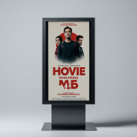A professional indoor digital standee mockup display featuring a movie poster for modern retail cinema advertisement