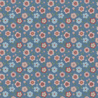 A seamless floral embroidery pattern featuring delicate pink and blue flowers on a muted blue background texture