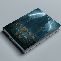 A professional hardcover book mockup featuring a gothic castle 'Raven's Shadow' cover design with lightning and thunderstorm