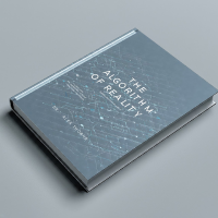 A professional hardcover book mockup featuring a technical textbook 'The Algorithm of Reality' cover design for creative literature branding