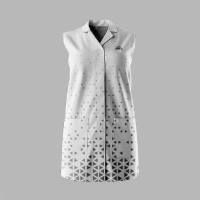 A professional white sleeveless lab coat mockup featuring a modern grey geometric triangle pattern for healthcare apparel branding