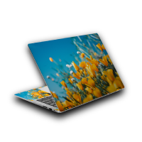 A professional laptop skin mockup featuring a vibrant yellow floral field pattern on a bright blue sky