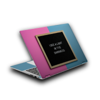 A professional laptop skin mockup featuring a pink and blue split design with an inspirational quote board