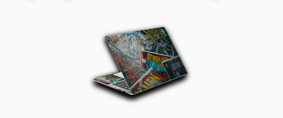 A professional laptop skin mockup featuring a colorful comic book collage design for free digital creative downloads freebie