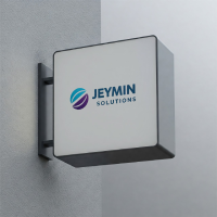 A professional square outdoor wall-mounted sign board mockup featuring the Jeymin Solutions company logo for business branding
