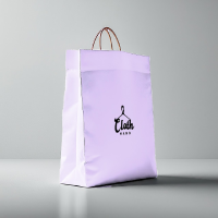 A professional light purple paper shopping bag mockup featuring a minimalist hanger logo design for branding