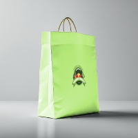 A professional lime green paper bag mockup featuring a vegetable shop logo for creative retail packaging branding