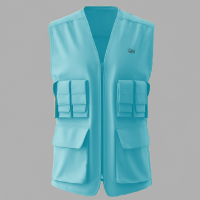 A professional light blue photographer vest mockup with multiple utility pockets for custom outdoor gear branding presentation