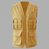 A professional yellow photographer utility vest mockup with multiple pockets for custom outdoor adventure gear branding presentation